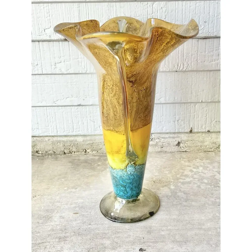 1970s Vintage Murano-Style Handblown Encased Flared Amber Teal Trumpet Vase 17”